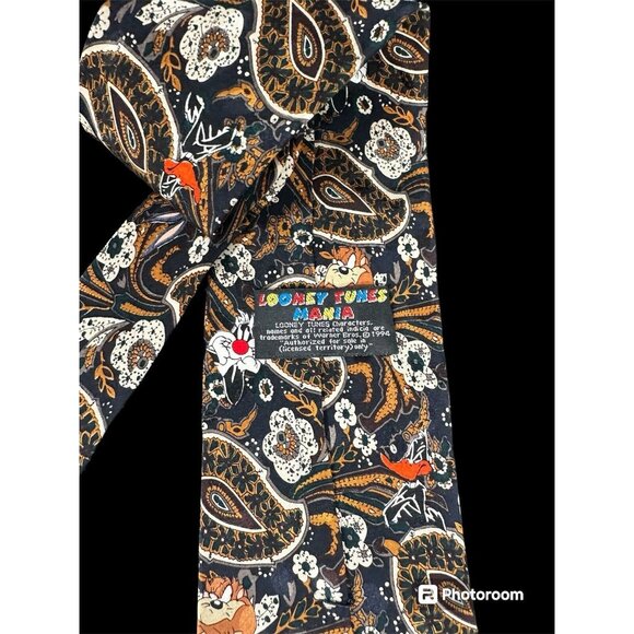 Looney Tunes Mania Mens Necktie Blue Paisley 1994 Cartoon Sylvester Coyote Bugs - Picture 9 of 13